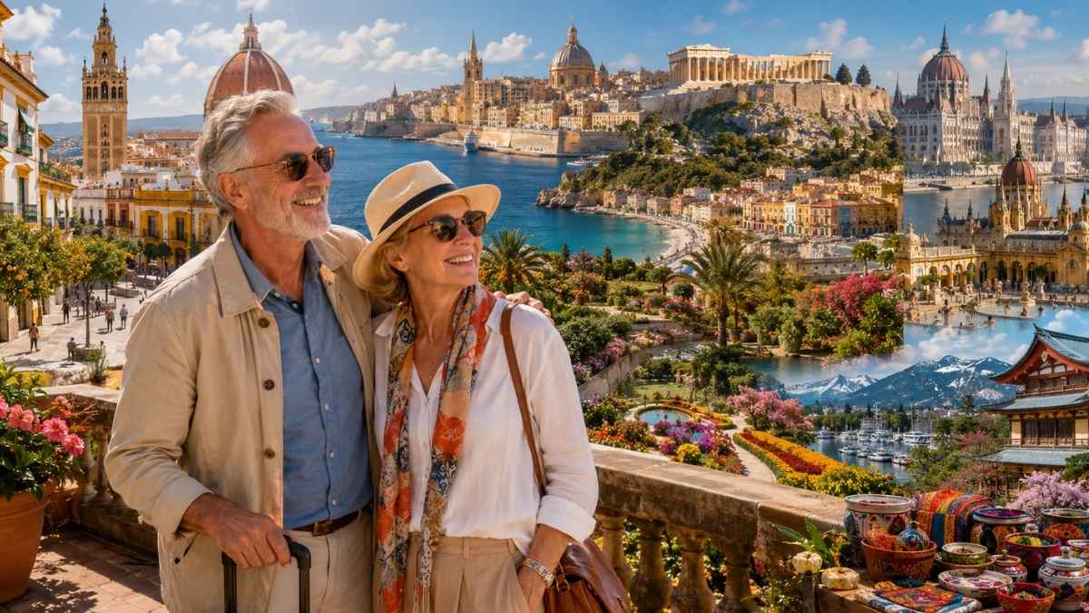Pareja mayor de 60 años viajando por ciudades culturales con buen clima y planes tranquilos