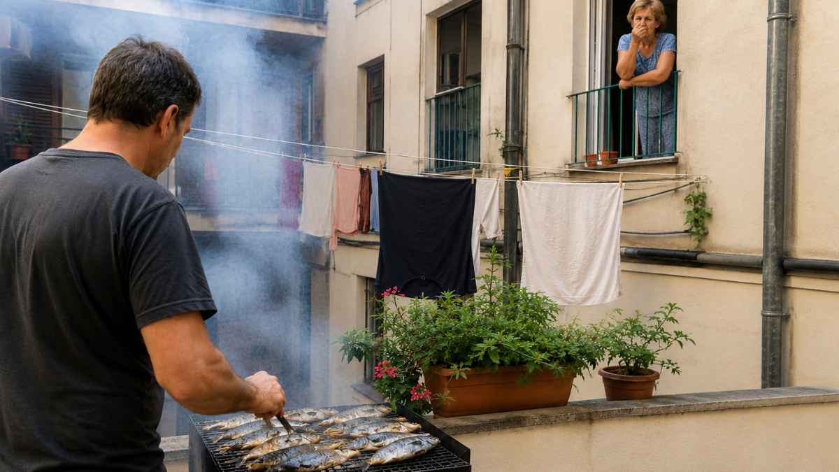 Hombre haciendo sardinas en una barbacoa en el patio de una comunidad de vecinos mientras una vecina se tapa la nariz por el humo
