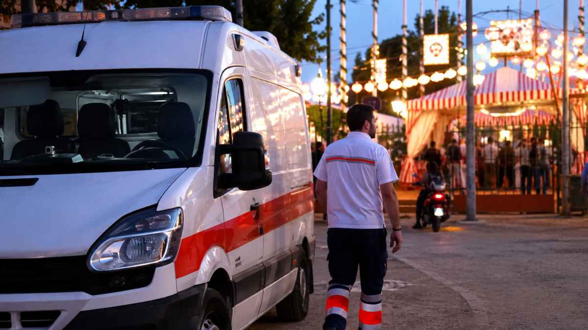 Conductor de ambulancia junto a un recinto ferial tras abandonar su puesto de trabajo