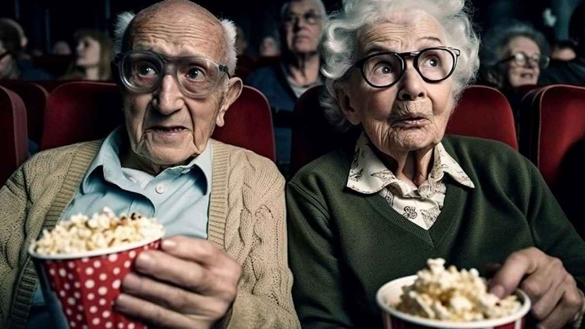 Mayores de 65 años en una sala de cine con palomitas durante el programa Cine Sénior