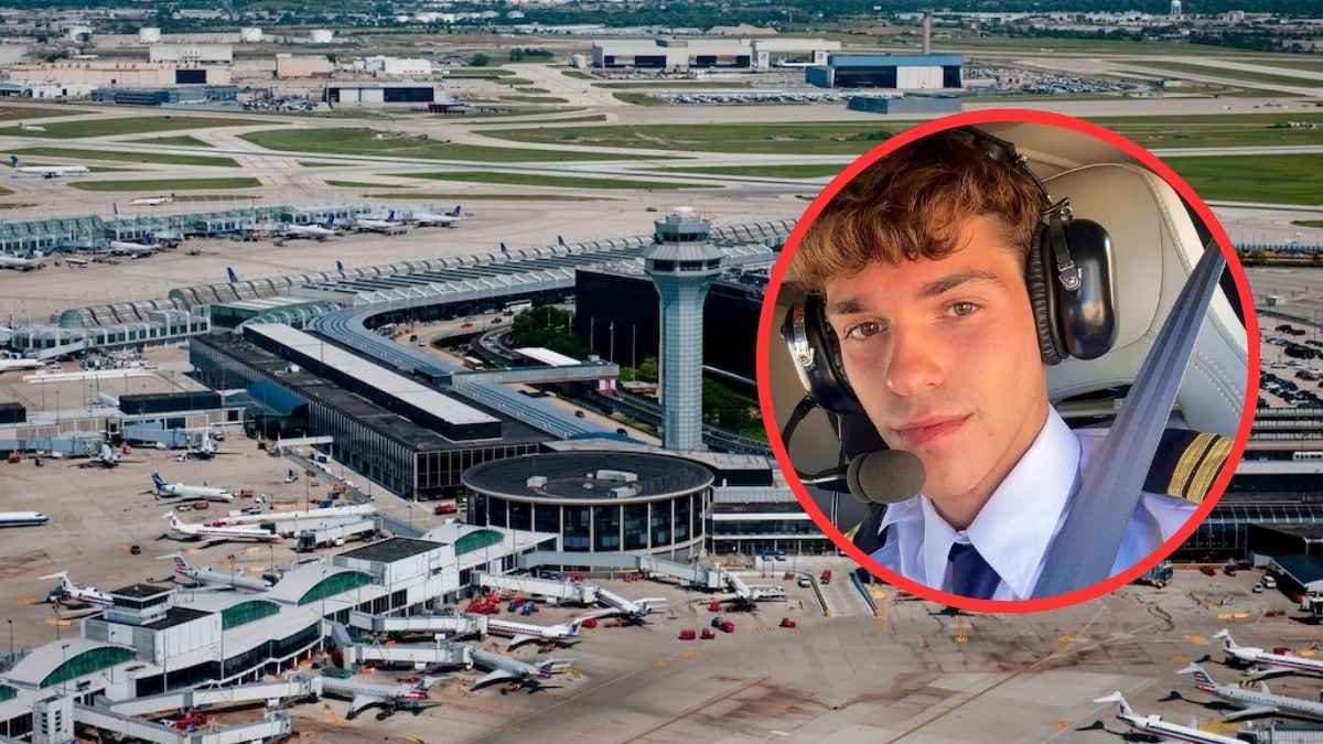 David Virosta, piloto madrileño de 20 años, junto a una imagen aérea de un aeropuerto