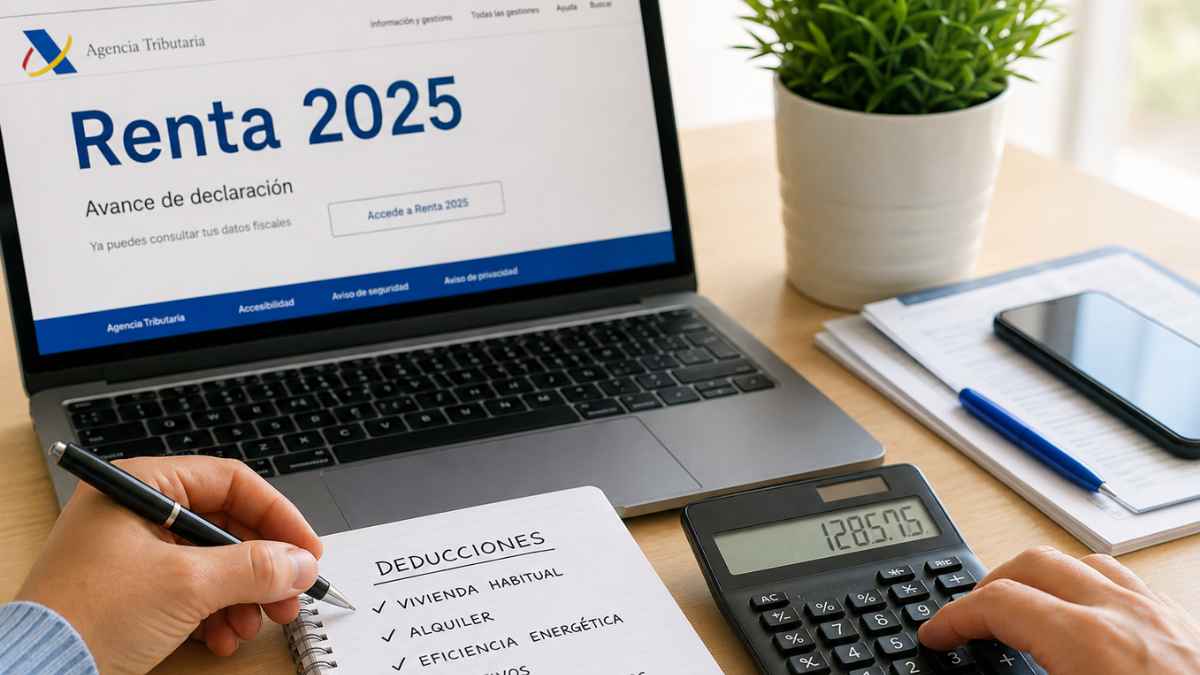 Persona revisando las deducciones de la Renta 2026 en el ordenador con calculadora y documentos fiscales sobre la mesa