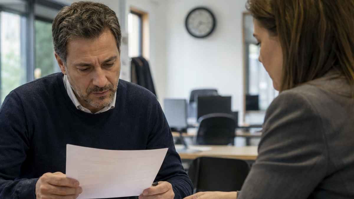 Empleado revisa la carta de despido y el finiquito en una oficina