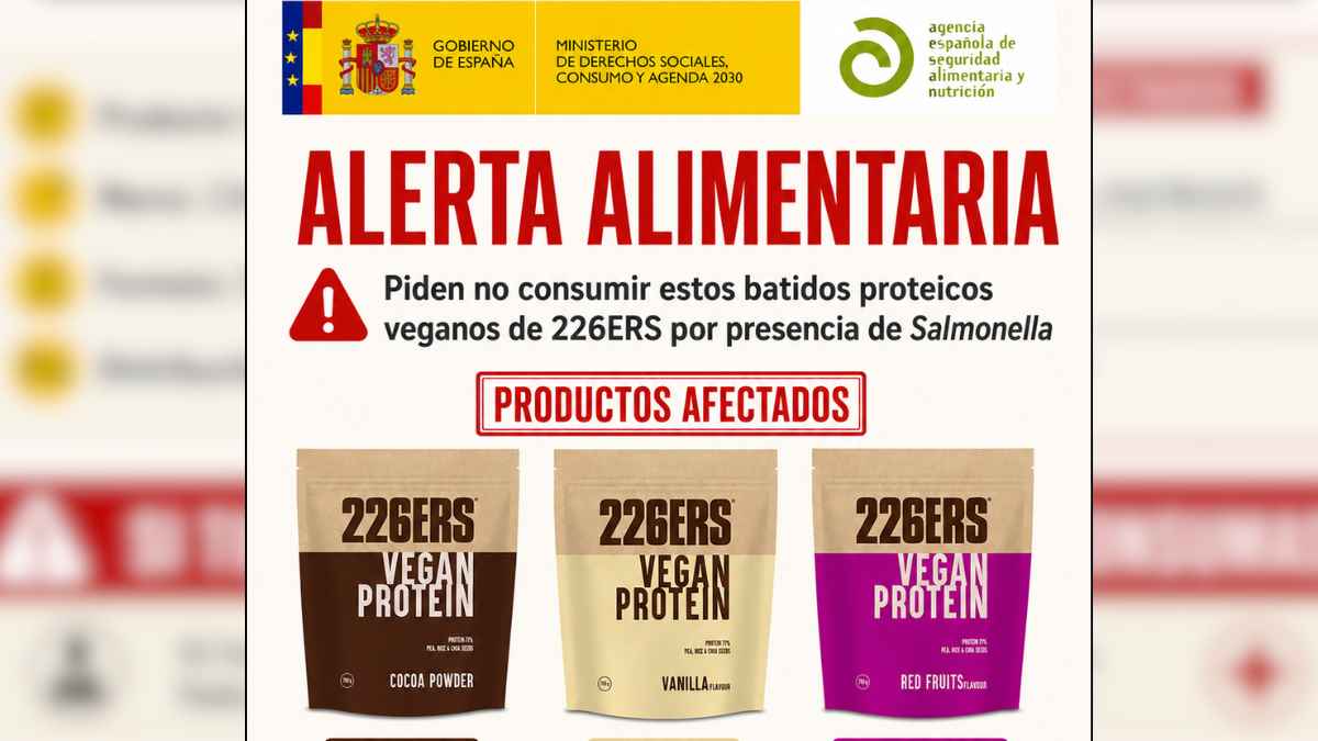 Cartel de alerta alimentaria de AESAN por Salmonella en batidos proteicos veganos 226ERS de chocolate, vainilla y frutos rojos