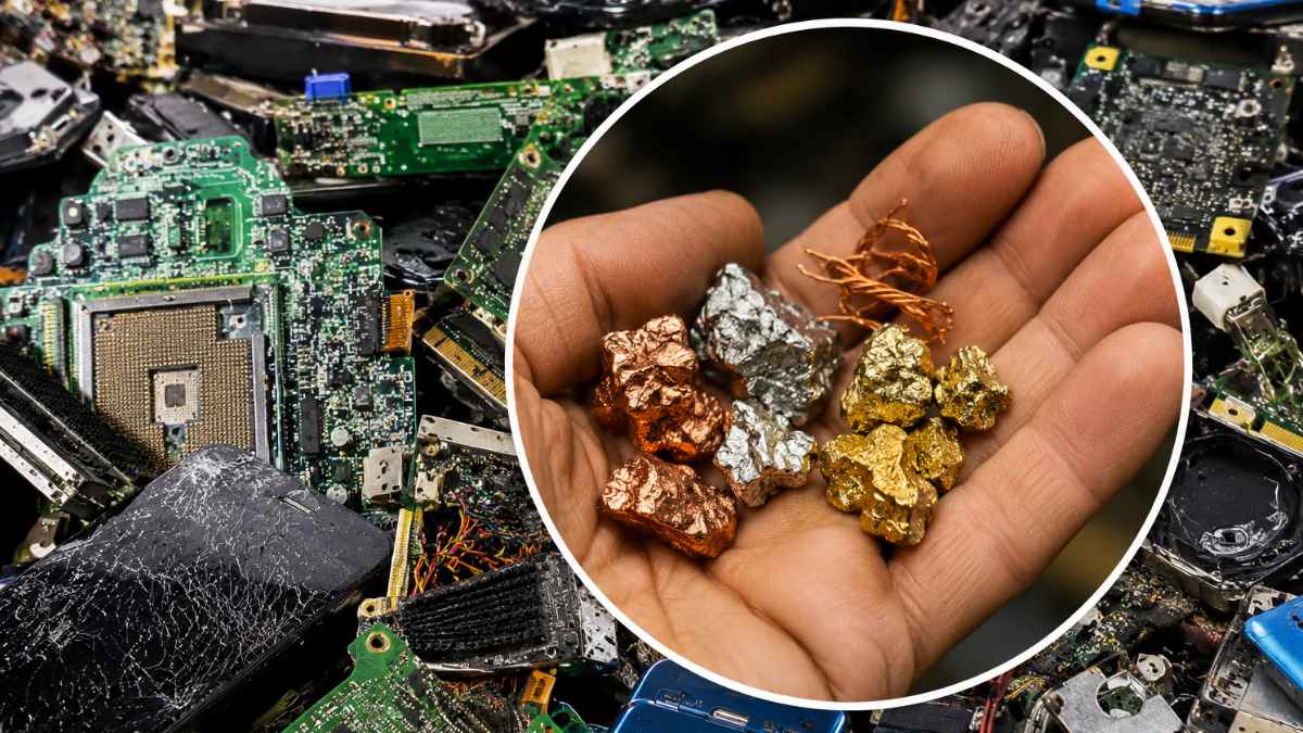 Residuos electrónicos junto a una mano con cobre, plata y oro recuperados mediante tecnología de reciclaje industrial en España