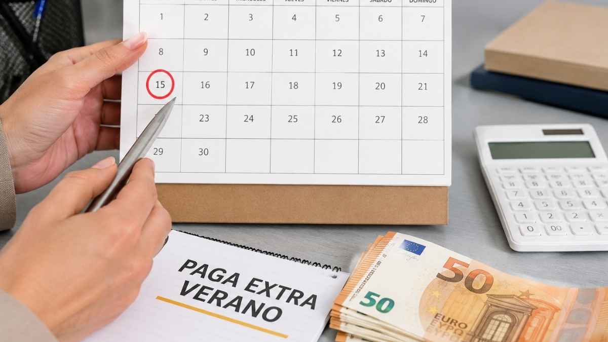 Funcionaria señala junio en un calendario junto a dinero y una libreta sobre la paga extra de verano.