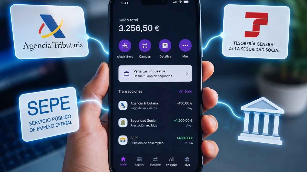 Neobanco en España mostrando pagos con Hacienda, SEPE y Seguridad Social desde una aplicación móvil