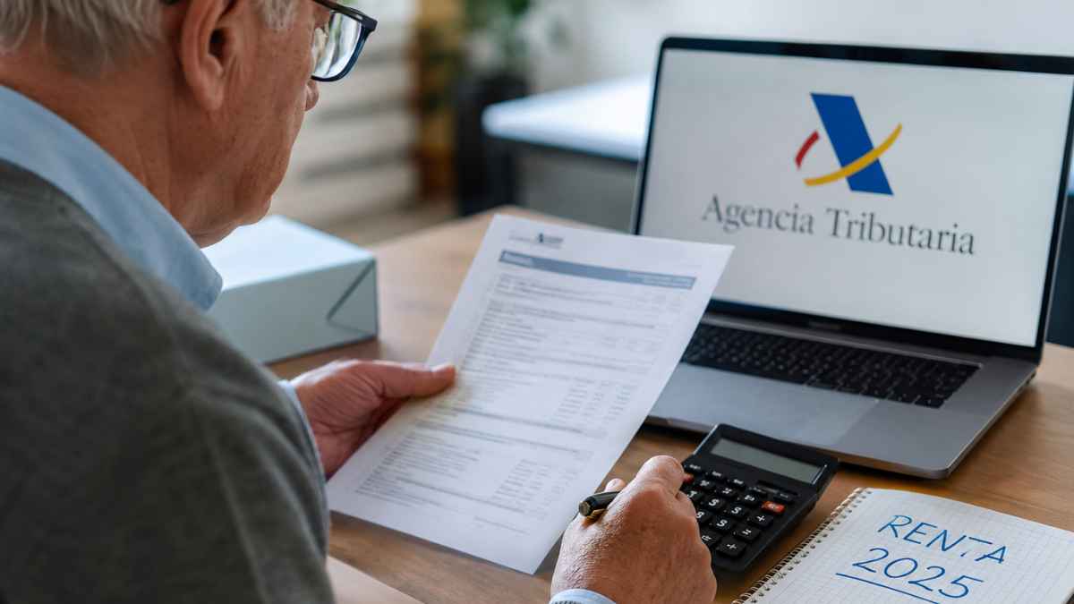 Pensionista revisando la declaración de la Renta 2025 junto a un ordenador con la web de la Agencia Tributaria