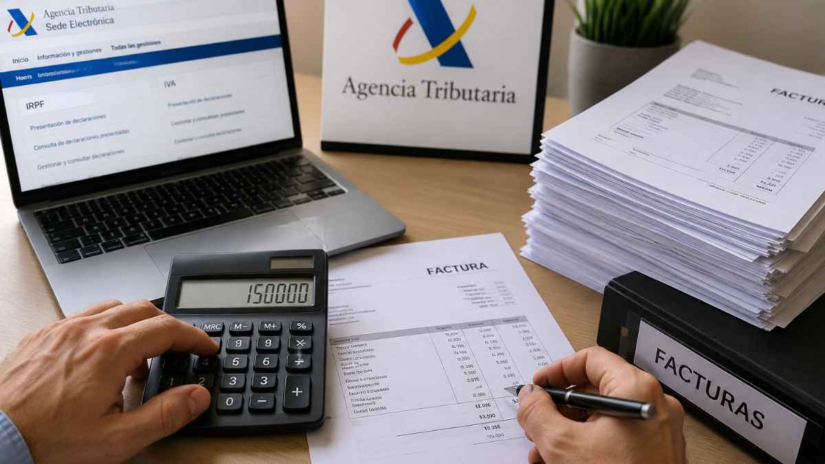 Autónomo revisando facturas y calculando posibles multas de Hacienda por errores en la facturación