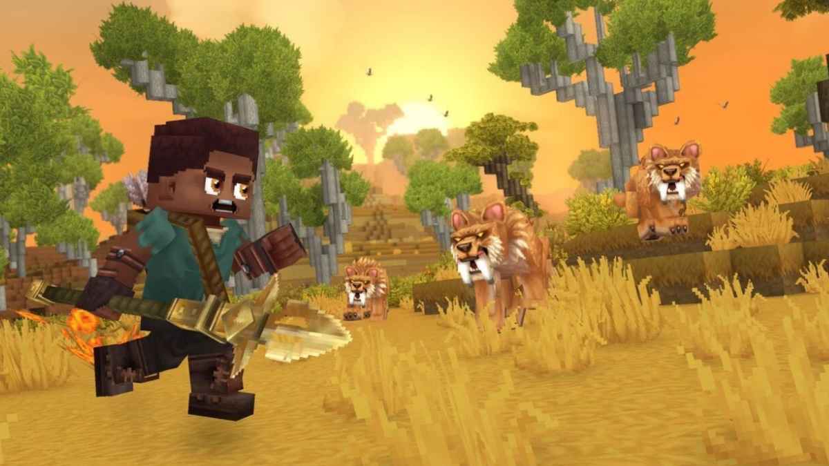 Personaje de videojuego estilo Minecraft huyendo de varios animales salvajes en un escenario de aventura y supervivencia