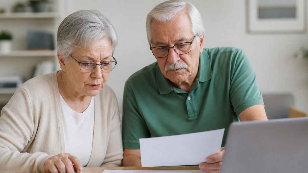 Jubilados revisando documentos y calculando la declaración de la renta en casa