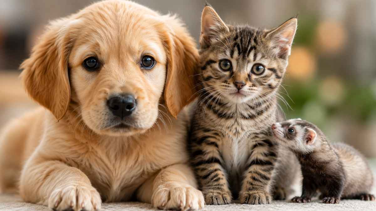 Cachorro de perro, gato y hurón juntos antes de una adopción regulada por la Ley de Bienestar Animal