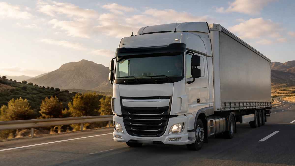 Camionero internacional conduciendo un tráiler por una carretera europea durante una ruta de larga distancia