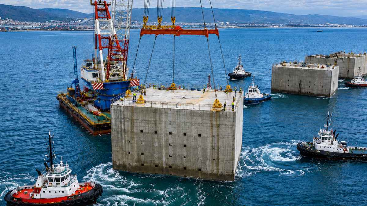 Megacajón de hormigón siendo trasladado frente al puerto de Génova durante la construcción del nuevo rompeolas marítimo en Italia