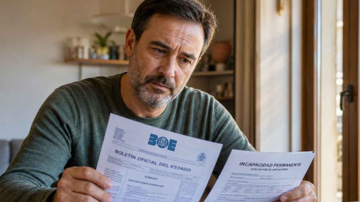 Hombre revisa documentos del BOE y de incapacidad permanente junto a informes médicos