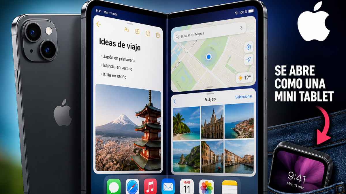 iPhone plegable de Apple abierto como una mini tablet con pantalla multitarea y móvil cerrado en el bolsillo