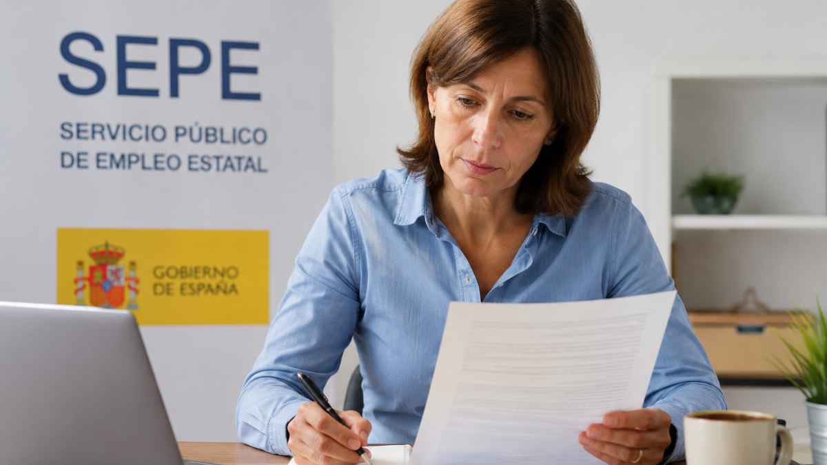 Mujer revisando documentos del SEPE para solicitar el subsidio para mayores de 52 años con cotizaciones por maternidad