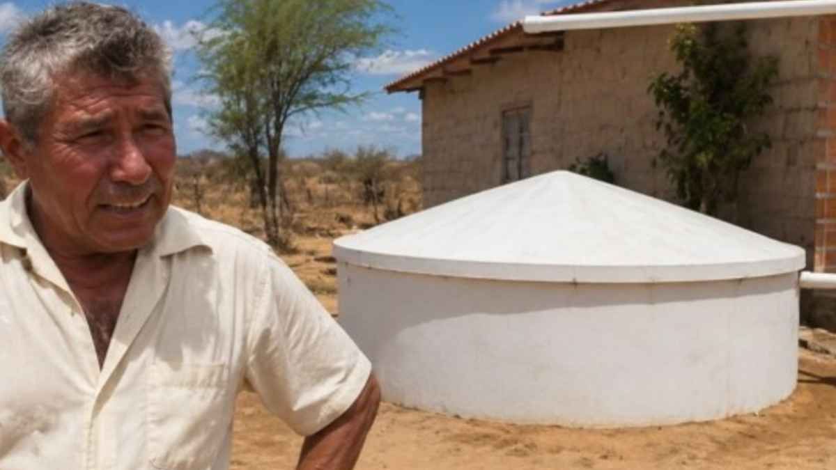 Albañil analfabeto junto a una cisterna de placas que almacena agua de lluvia