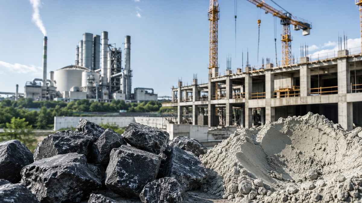 Cemento sin caliza fabricado con basalto junto a una obra y una planta industrial