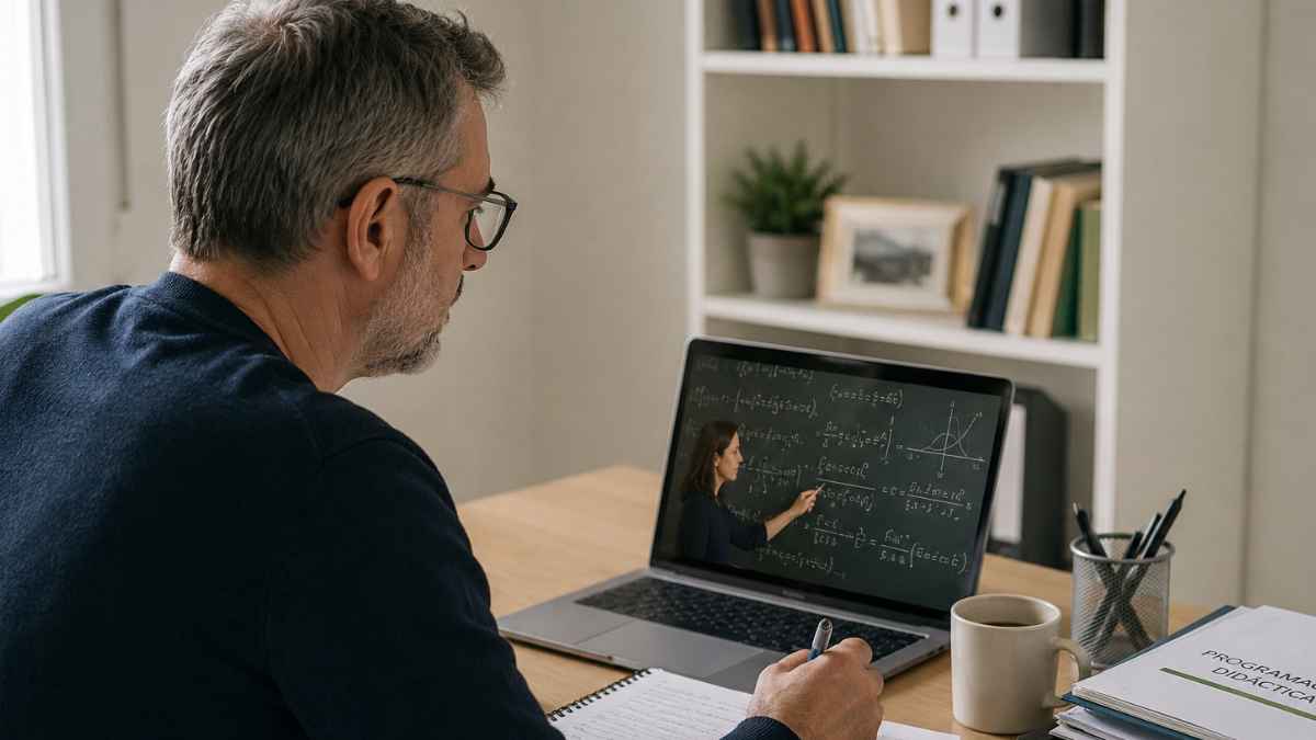 Profesor andaluz mayor de 55 años realizando tareas de teletrabajo docente desde casa con un ordenador portátil