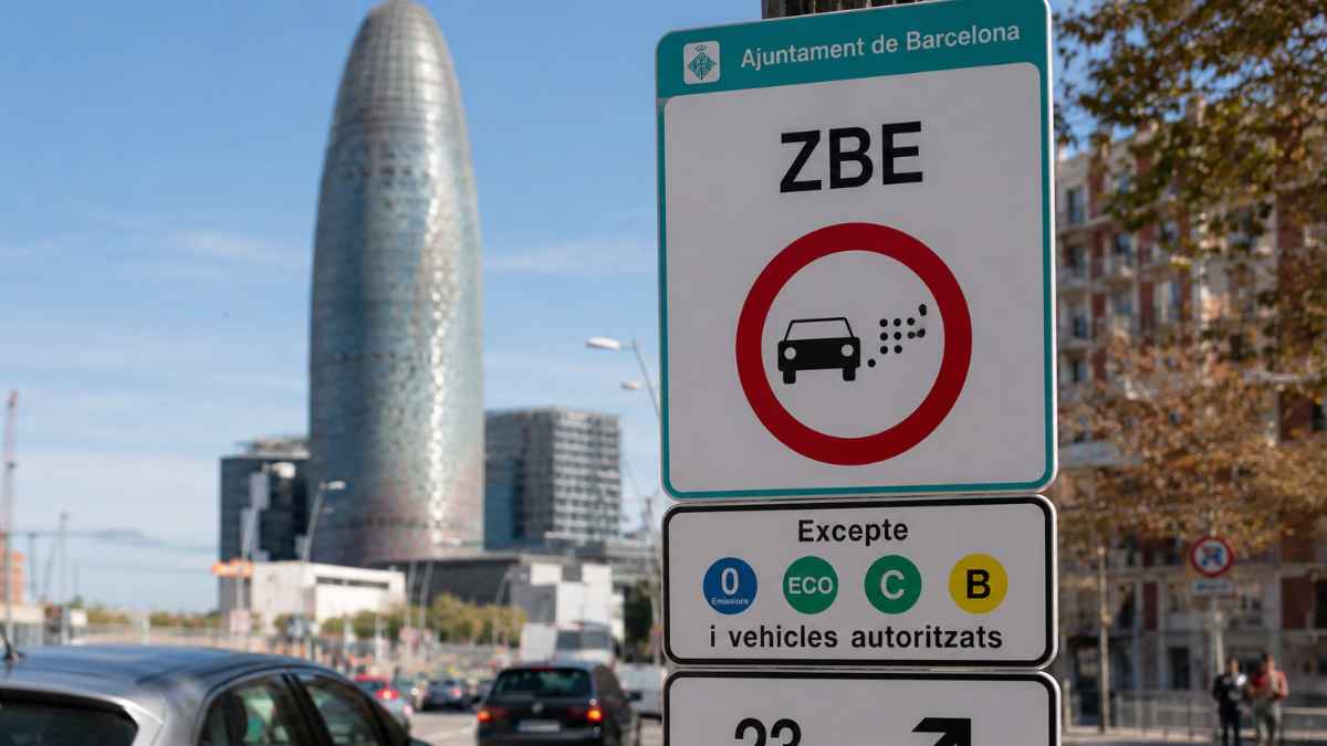 Señal de la ZBE de Barcelona junto a coches circulando por la ciudad ante la prohibición futura de vehículos con etiqueta B