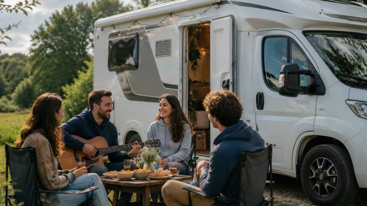 Amigos sentados junto a una caravana en un camping con comida y una guitarra