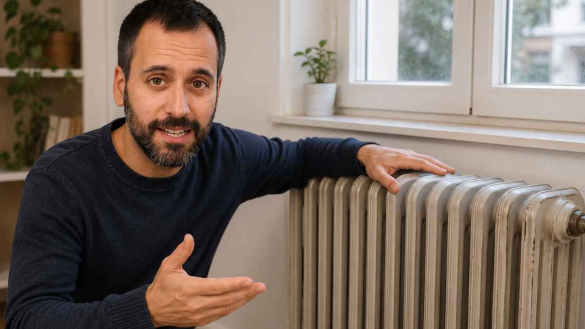 Jordi Martí junto a un radiador tradicional explicando por qué esta calefacción es cada vez menos eficiente en viviendas modernas