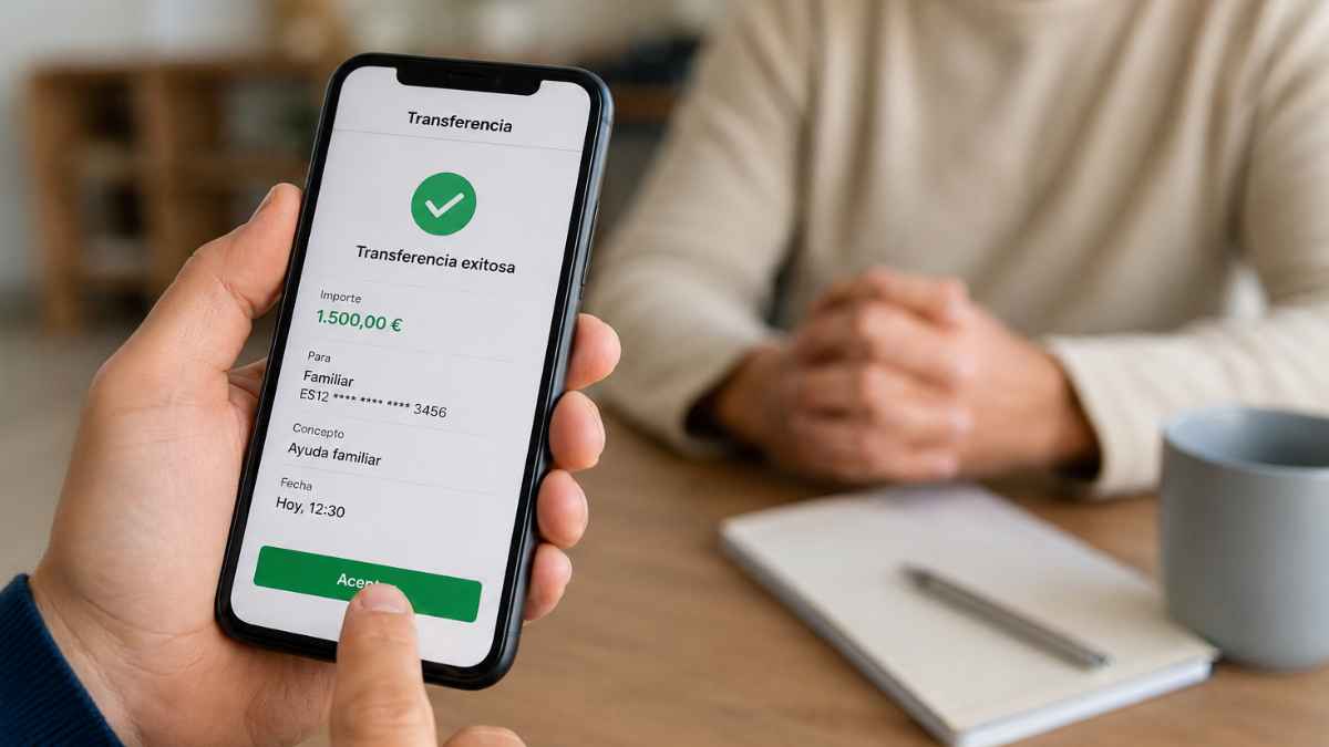 Persona realizando una transferencia bancaria a un familiar desde el móvil para enviar dinero entre familiares