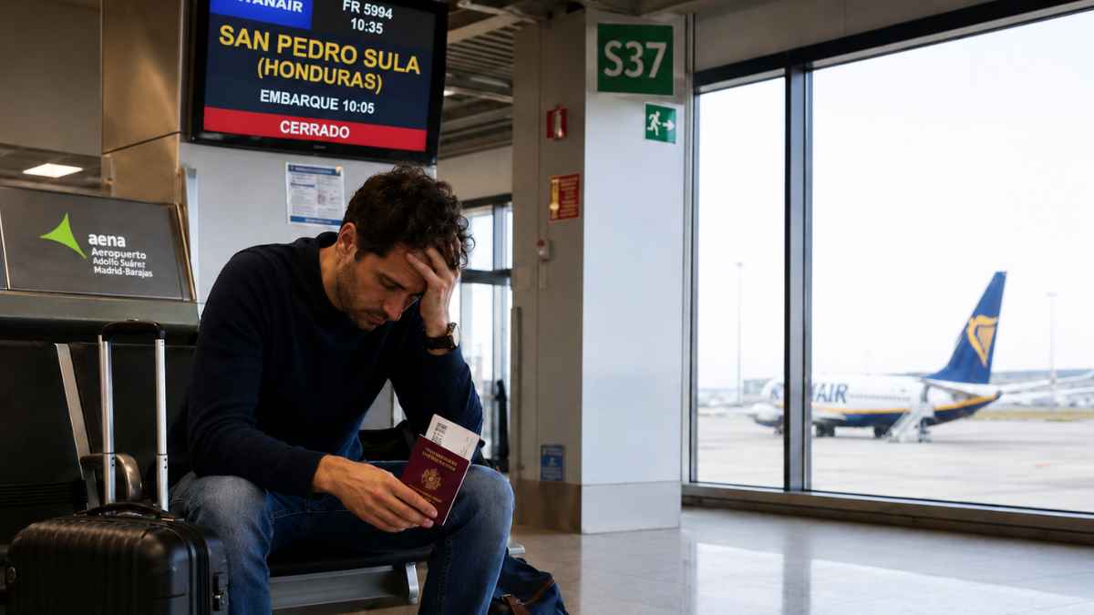 Pasajero afectado en el aeropuerto de Madrid con el pasaporte tras perder un vuelo