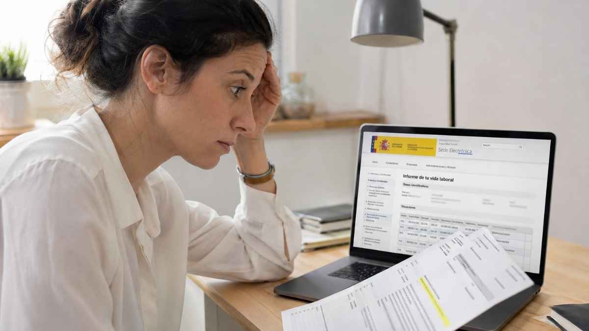 Mujer revisa en un ordenador el informe de vida laboral de la Seguridad Social para comprobar si falta una empresa.