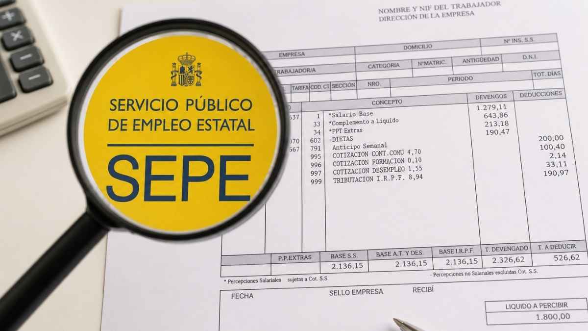 Lupa sobre una nómina de trabajo con el logo oficial del SEPE en España