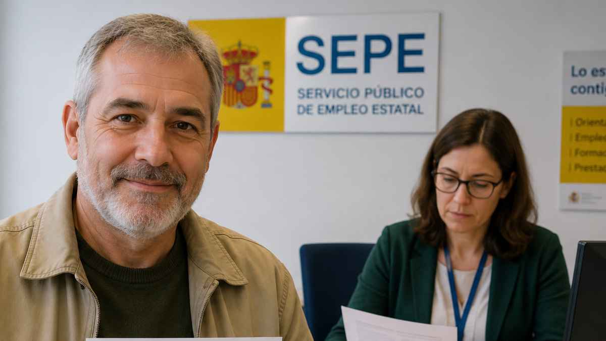 Hombre mayor de 52 años en una oficina del SEPE tras compatibilizar la pensión de incapacidad permanente con el subsidio