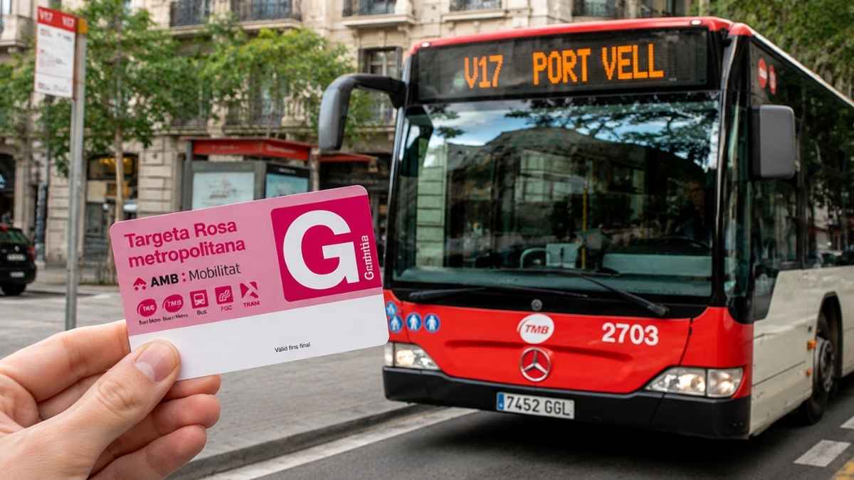 Tarjeta Rosa metropolitana sostenida con la mano frente a un autobús de Barcelona en una calle de la ciudad
