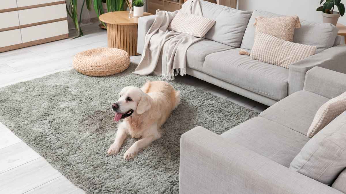 Perro tumbado en el salón de una vivienda dentro de una comunidad de vecinos tras la sentencia sobre mascotas en edificios