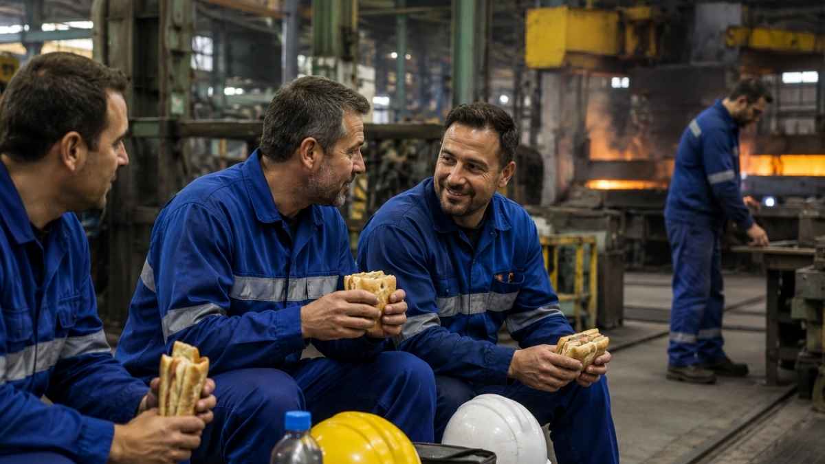 Trabajadores de una siderúrgica durante el descanso del bocadillo mientras otro empleado continúa trabajando en la fábrica