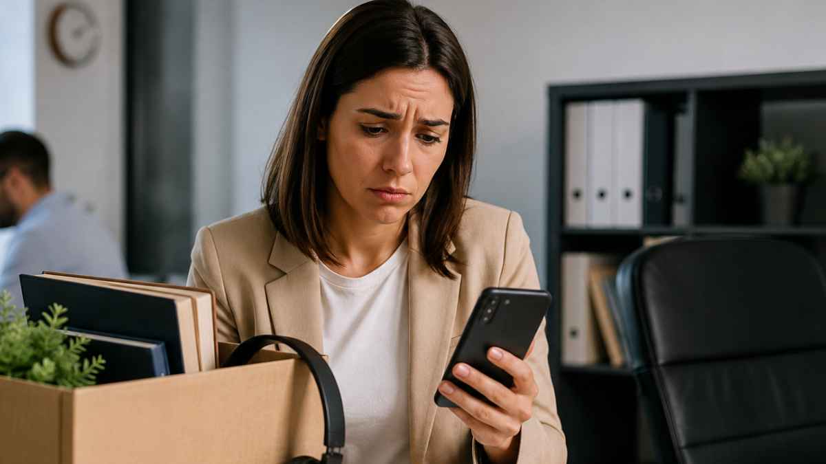 Trabajadora preocupada mirando el móvil tras ser despedida por usar el teléfono durante la jornada laboral en una oficina