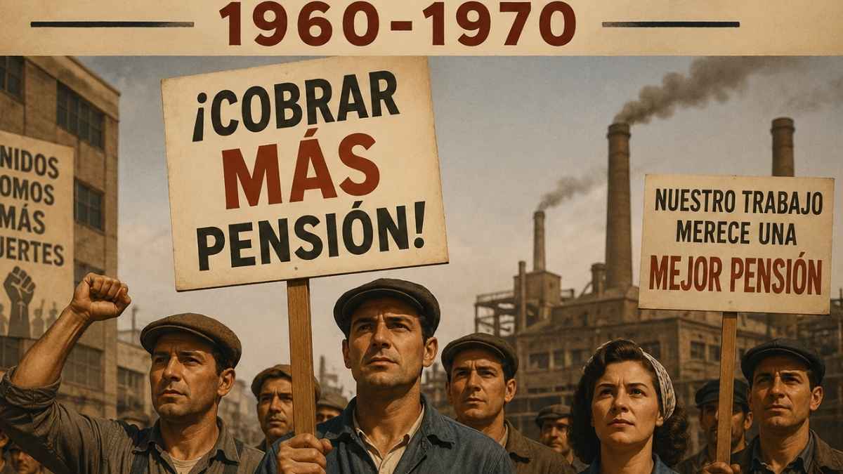 Trabajadores de 1960 a 1970 reclamando cobrar más pensión en una protesta obrera industrial