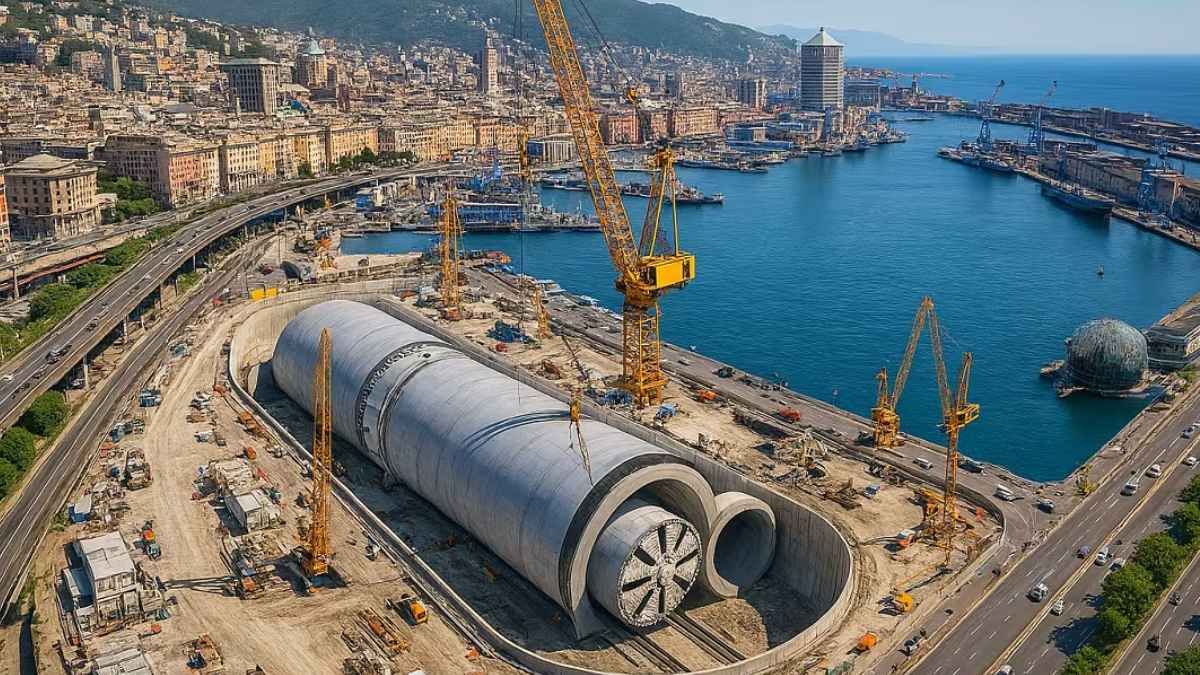 Vista aérea de las obras del túnel submarino más grande de Europa en el puerto de Génova, Italia