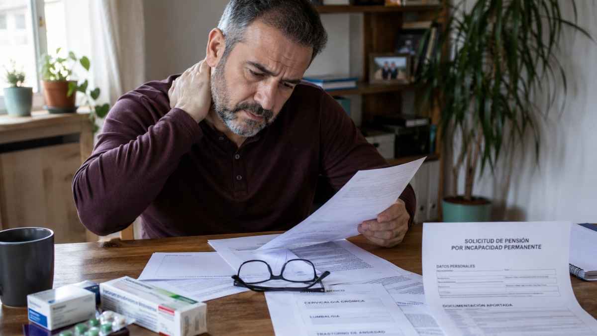 Trabajador revisa documentos médicos para solicitar una pensión de incapacidad permanente por varias enfermedades leves