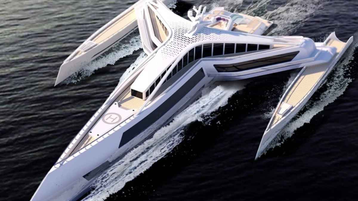 Yate futurista Star Wars con estructura de tres cascos sobre el mar