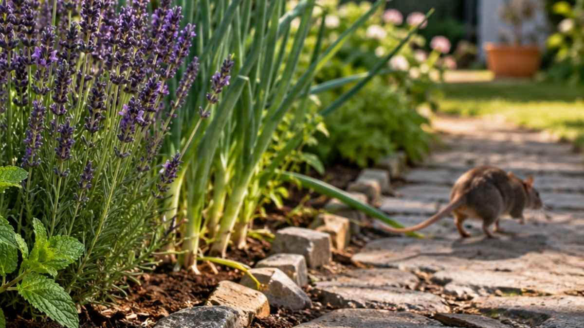 Menta, lavanda y ajo plantados en un jardín para ayudar a mantener alejadas a las ratas de forma natural
