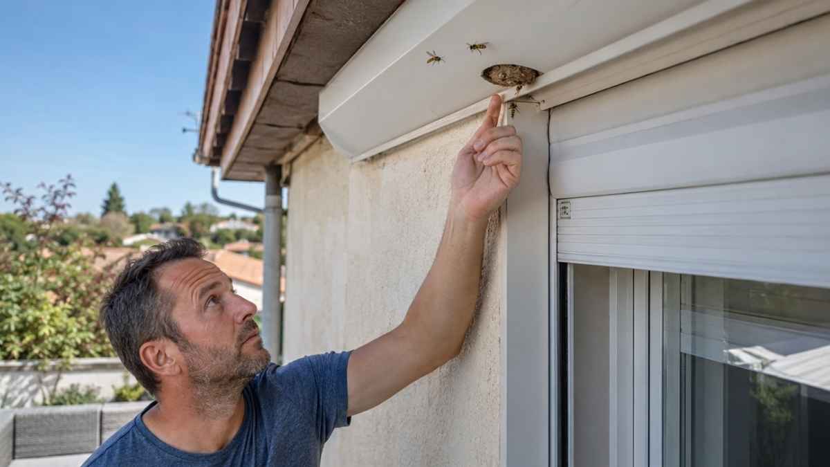 Avispas formando un nido junto a la caja de una persiana en una vivienda