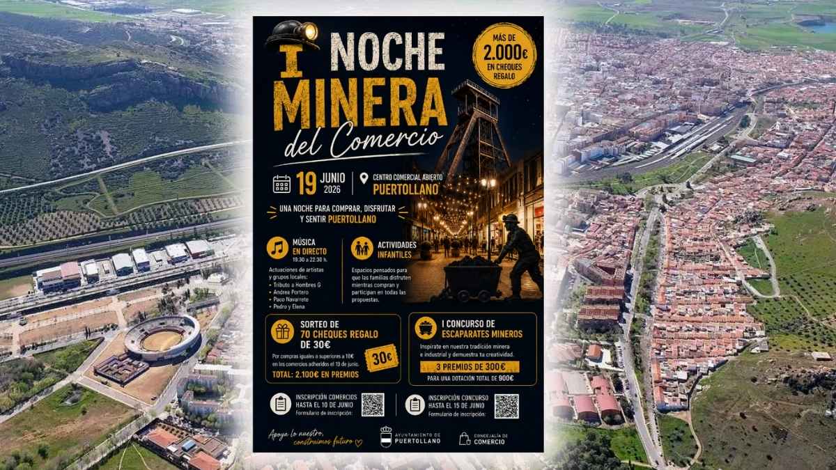 Cartel de la I Noche Minera del Comercio de Puertollano con 2.100 euros en cheques regalo, música en directo y actividades infantiles