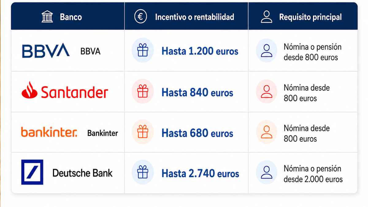 Comparativa de BBVA, Santander, Bankinter y Deutsche Bank con incentivos por domiciliar la nómina o pensión