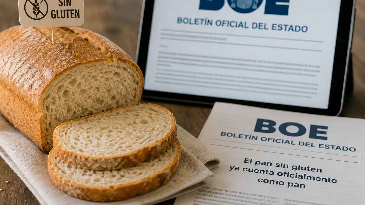 Pan sin gluten junto a una publicación del BOE que reconoce oficialmente este producto como pan