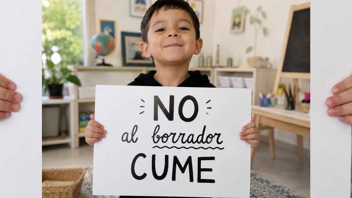 Niño sostiene un cartel contra el borrador de la nueva CUME en una vivienda familiar
