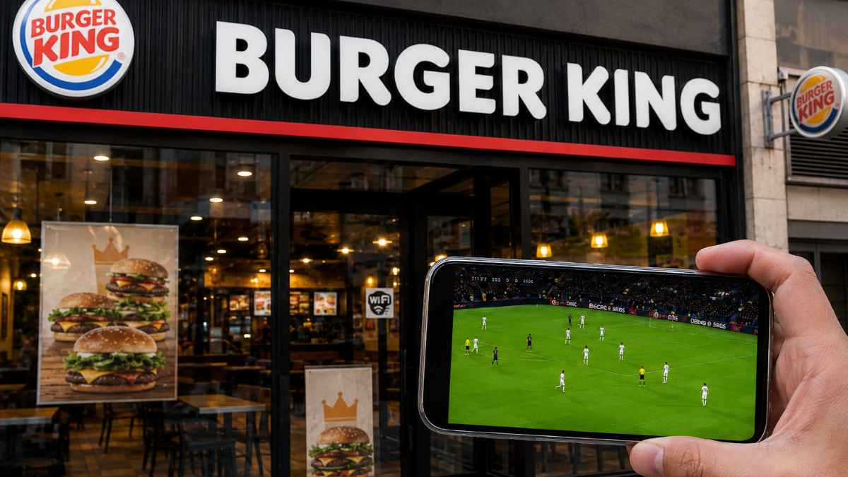 Persona sosteniendo un móvil con un partido de fútbol frente a un restaurante Burger King