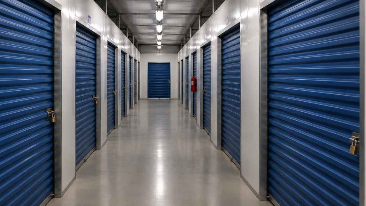Pasillo de trasteros con puertas azules en un centro de alquiler de almacenamiento