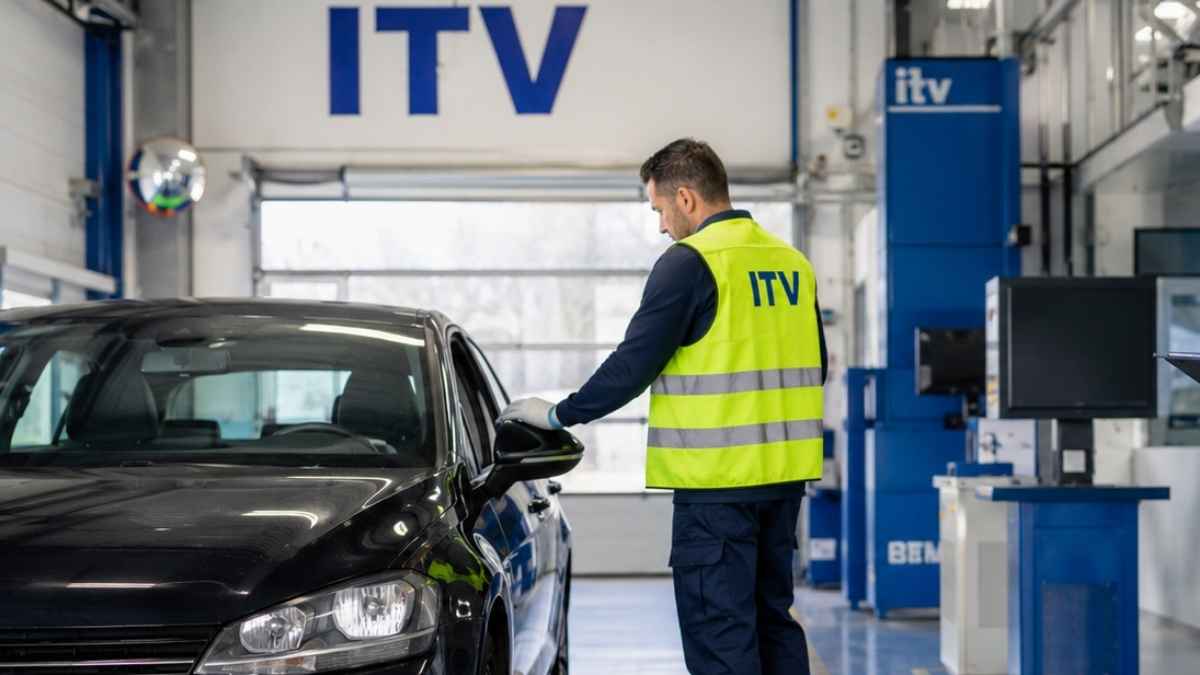 Inspector de ITV revisando un coche en una estación de inspección técnica de vehículos