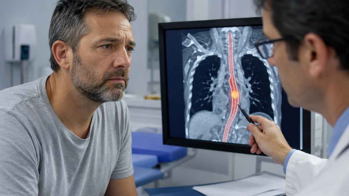 Hombre con cáncer de esófago revisa una prueba diagnóstica con un médico tras reclamar una pensión al INSS